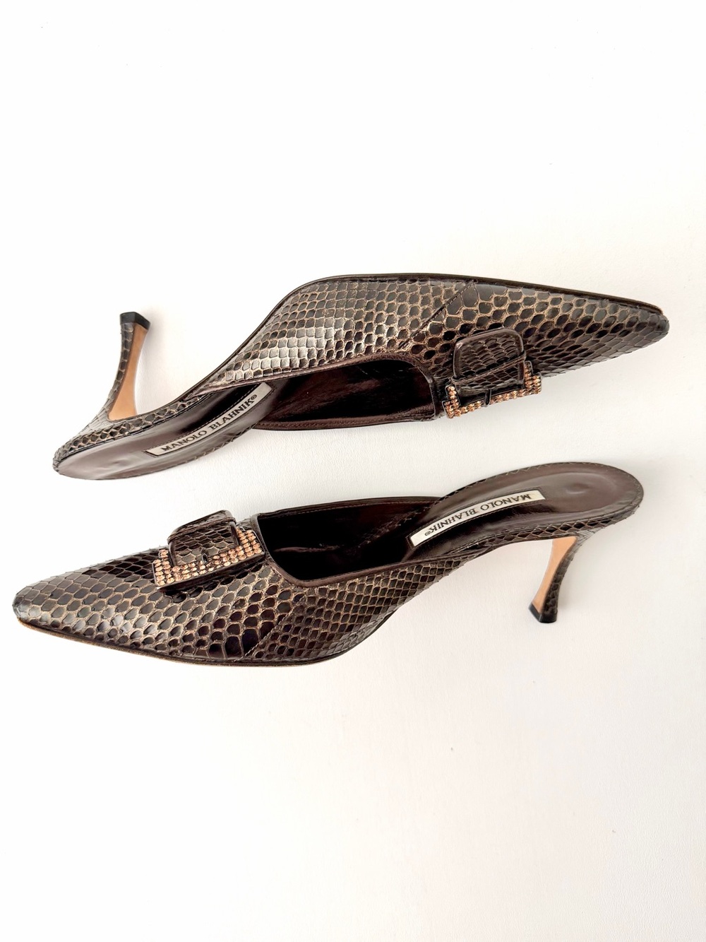 MANOLO BLAHNIK | Vintage Brown Python Snakeskin Crystal Buckle Mule Heels 39.5 - Picture 7 of 13